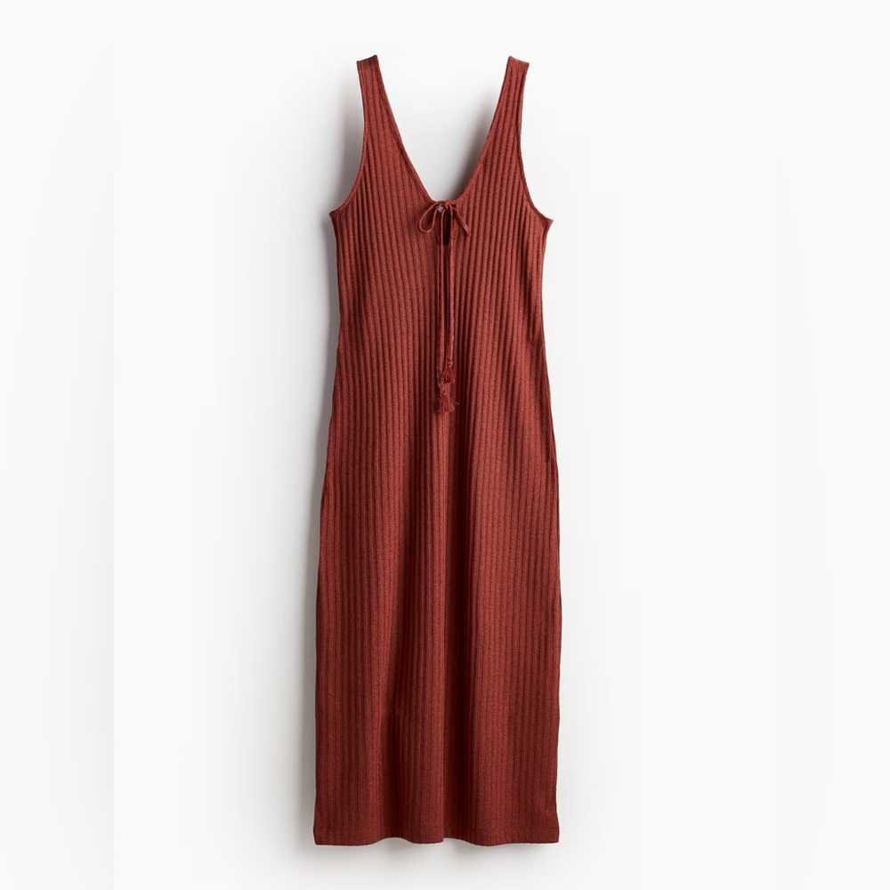 Tie Detail Rib Knit Dress in Rust Red